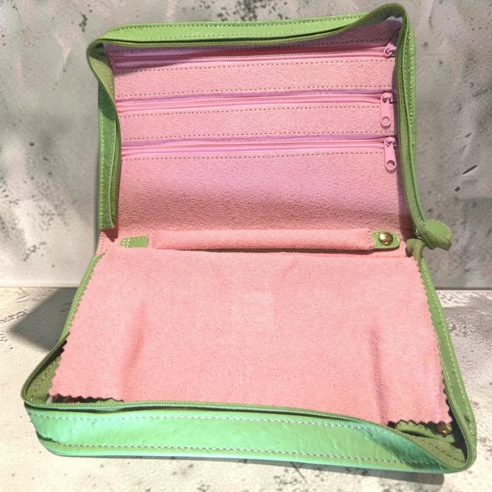 VTG Reed & Barton Ostrich Leather Travel Jewelry Case Organizer Green TD Logo